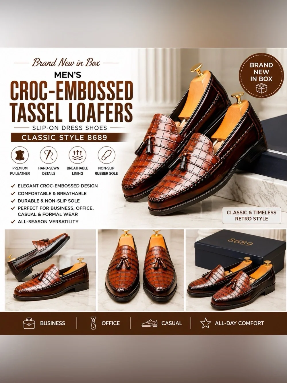 Men’s Croc-Embossed Tassel Loafers – Size 11 (EU 45) – Brown – Brand New in Box
